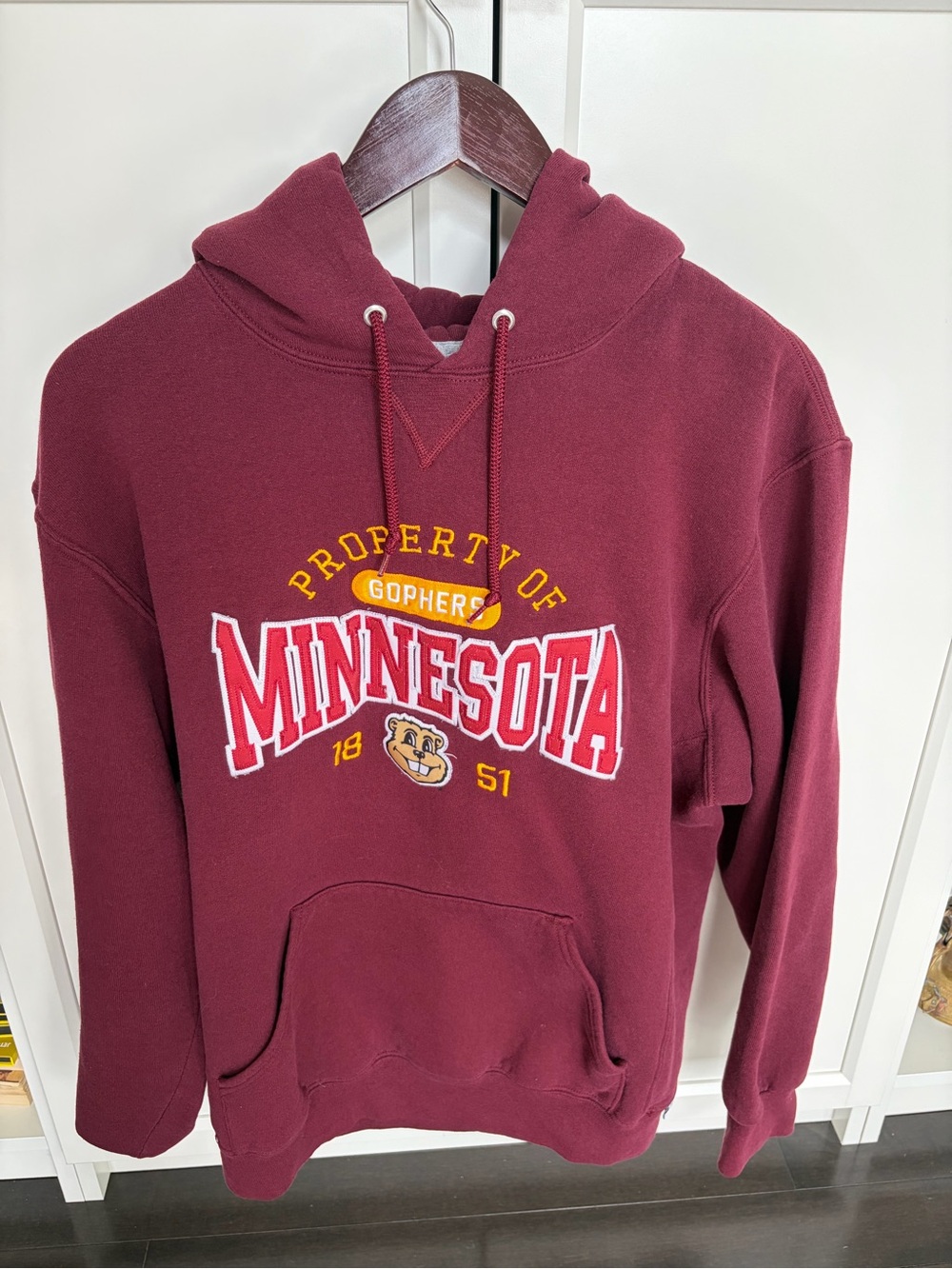 Russell Athletic Maroon Minnesota Hoodie with Yellow & White Graphics